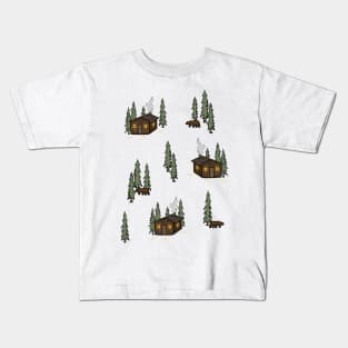 Cosy Cabin in the Woods with Bears Digital Pattern Illustration Kids T-Shirt